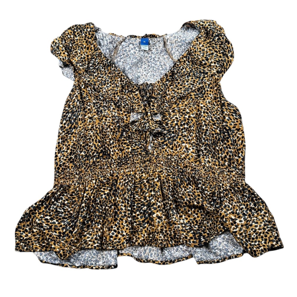 Old Navy Womens XL Leopard Print Ruffle Tie Neck Peplum Top 185
